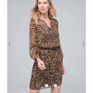 White House Black Market Leopard Soft Blouson Sheer Sleeves Dress Sz 0